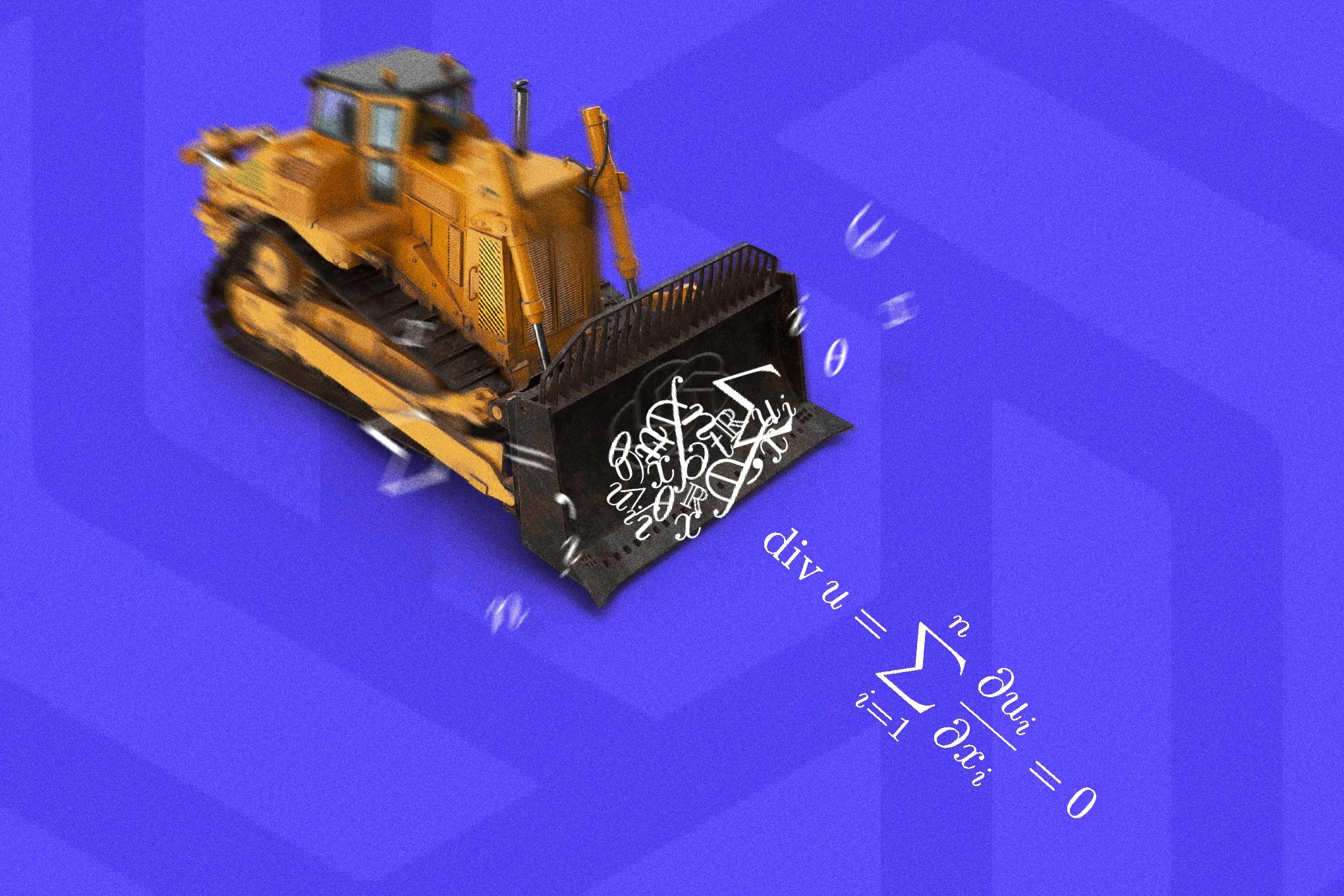 Ilustración de una excavadora recolectando ecuaciones matemáticas representando los avances de OpenAI y matemáticas