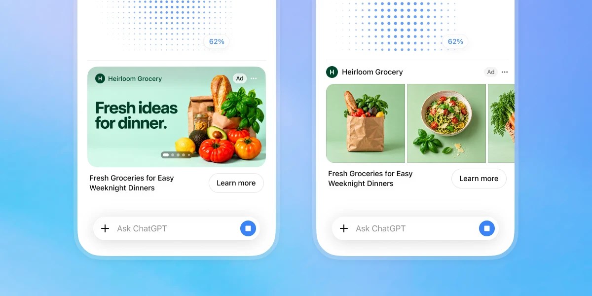 Interfaz visual de OpenAI publicidad en ChatGPT mostrando productos patrocinados