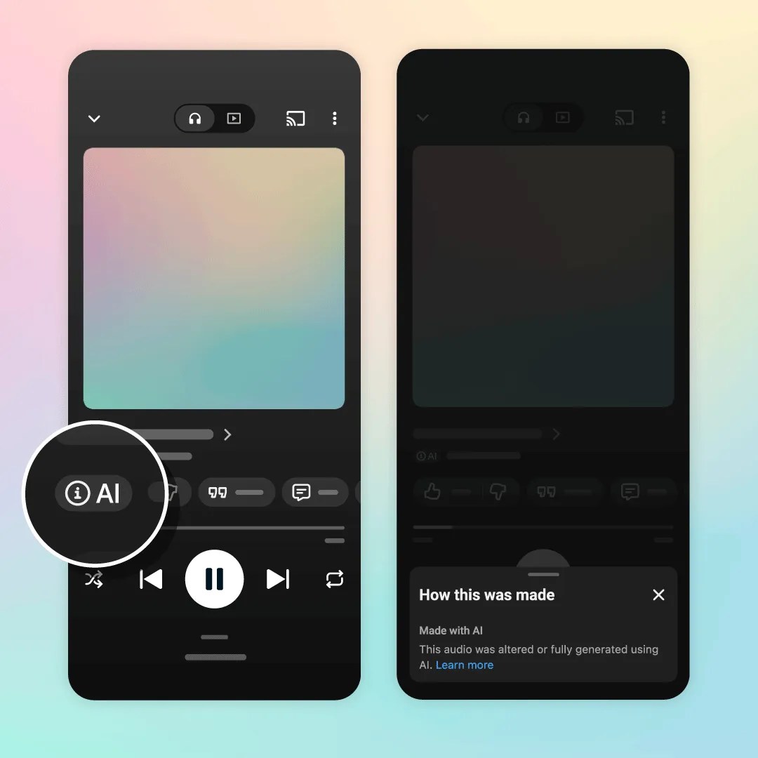 Interfaz de YouTube Music mostrando las etiquetas de contenido generado por YouTube Music AI